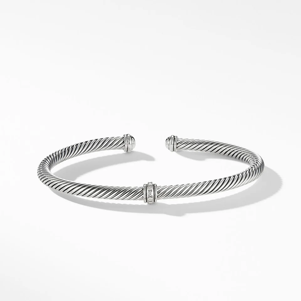 David Yurman Classic Cable Station Bracelet with Diamonds, 4mm