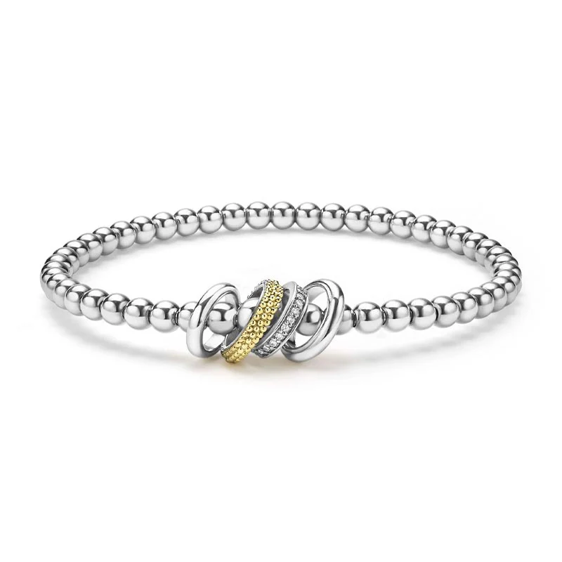 Caviar Lux Two-Tone Four Ring Diamond Stretch Bracelet, 4mm