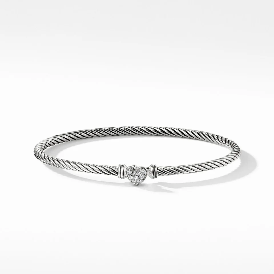 David Yurman Cable Collectibles Heart Bracelet with Pave Diamonds, 3mm
