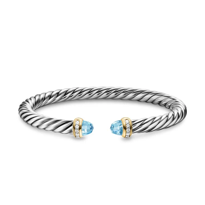 David Yurman Cable Flex Bracelet with 14K Yellow Gold, Blue Topaz, and Diamonds, 6mm