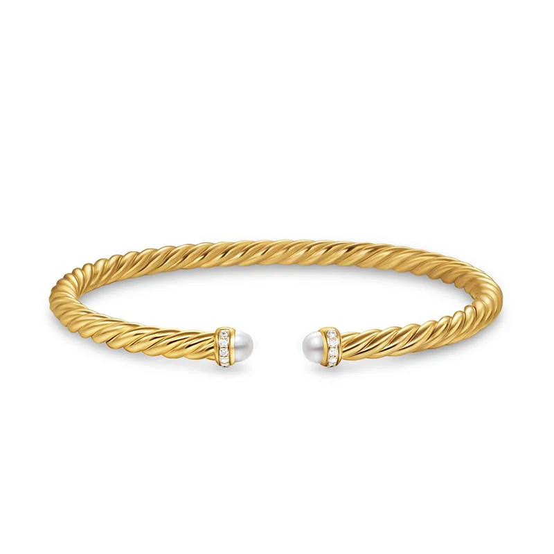 David Yurman Cablespira Flex Bracelet in 18K Yellow Gold with Pearls and Diamonds, 4mm