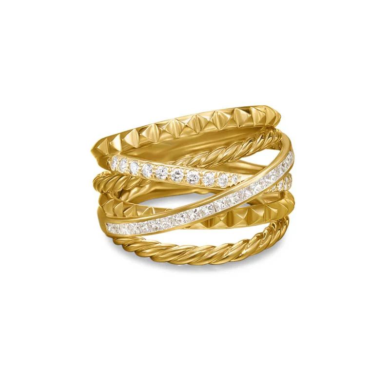 David Yurman Crossover Trio Six Row Ring in 18K Yellow Gold with Diamonds, 17.5mm