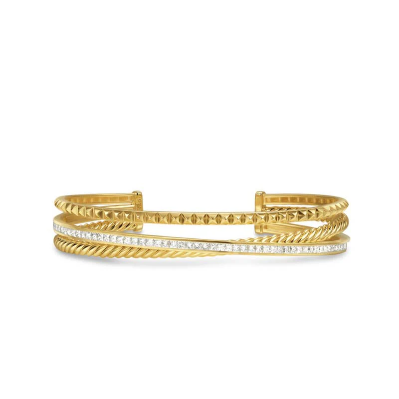 David Yurman Crossover Trio Three Row Cuff Bracelet in Yellow Gold with Diamonds, 11mm
