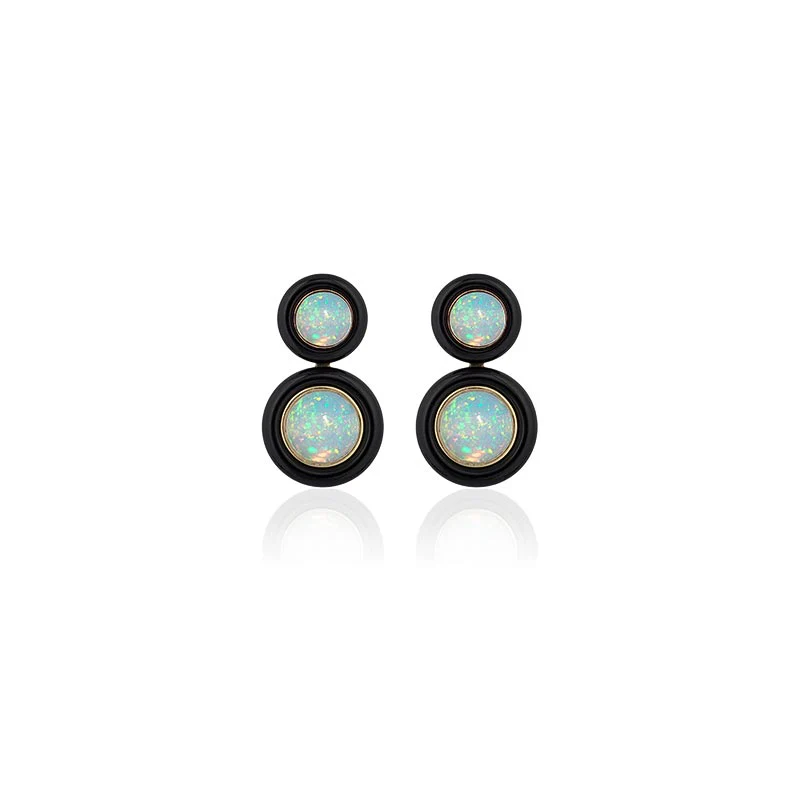 Limited Edition Cabochon Opal with Black Onyx Halo Drop Earrings