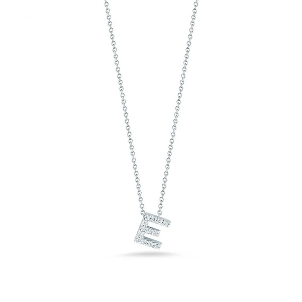 Tiny Treasures Love Letter 'E' Pendant with Diamonds in White Gold