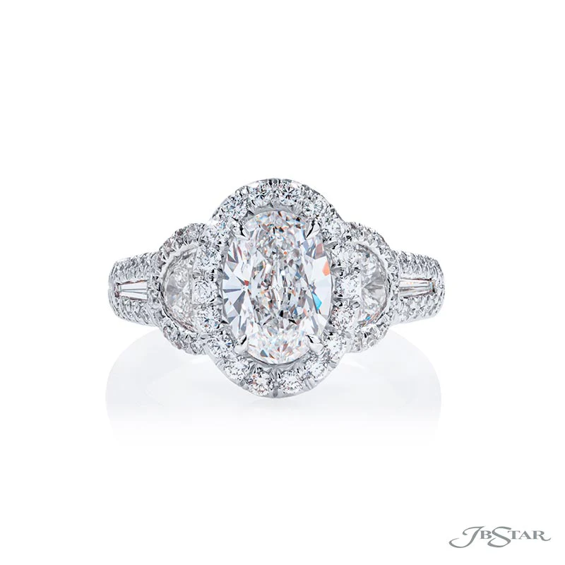 Oval Diamond Halfmoon and Tapered Baguette Engagement Ring with Halo
