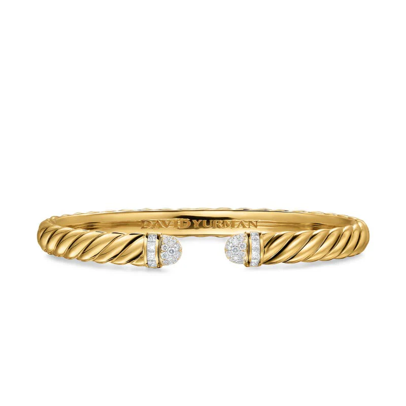 David Yurman Sculpted Cable Cuff Bracelet in 18K Yellow Gold with Pavé Diamond Domes, 6mm