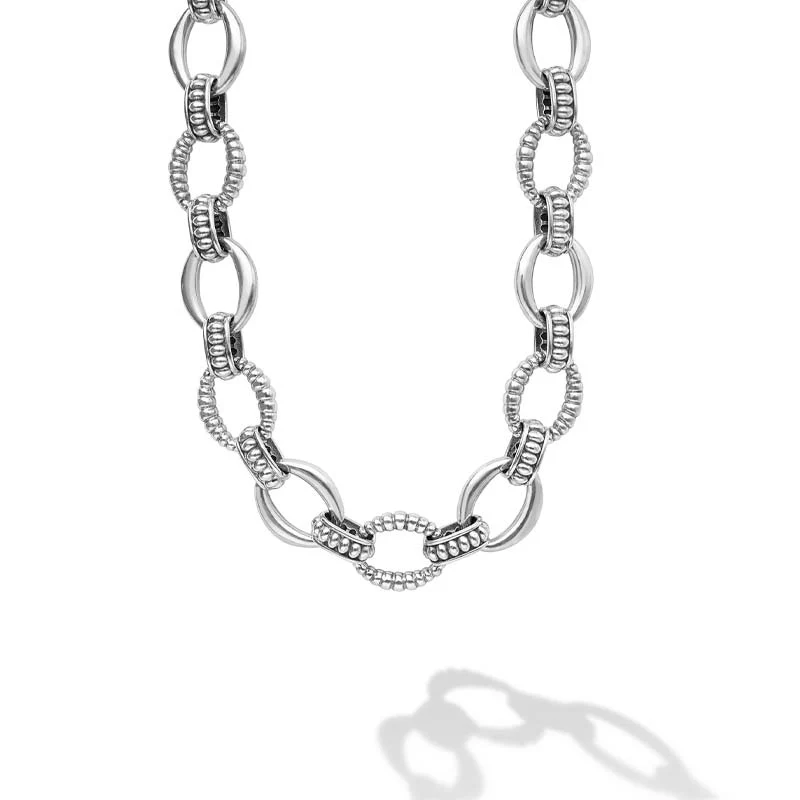 Signature Caviar Sterling Silver Oval Fluted Link Necklace, 15mm
